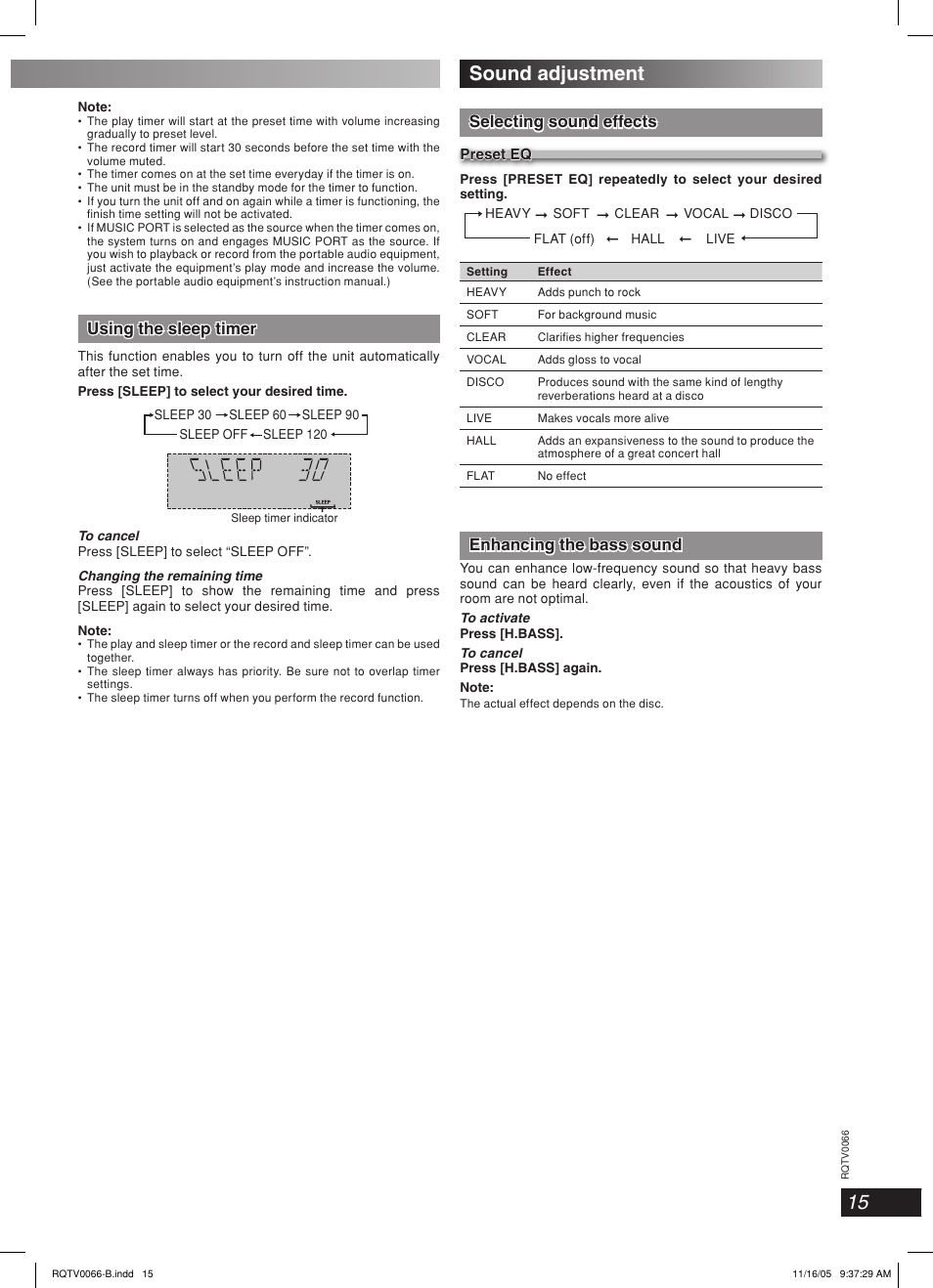 Sound adjustment, Lang - 5 lang - 4 français dansk deutsch, Selecting sound effects | Enhancing the bass sound, Using the sleep timer | Panasonic SC-AK340 User Manual | Page 15 / 20