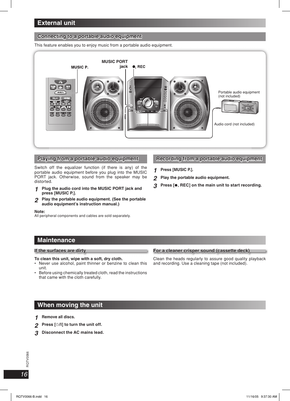 External unit, Maintenance, When moving the unit 1 | Panasonic SC-AK340 User Manual | Page 16 / 20