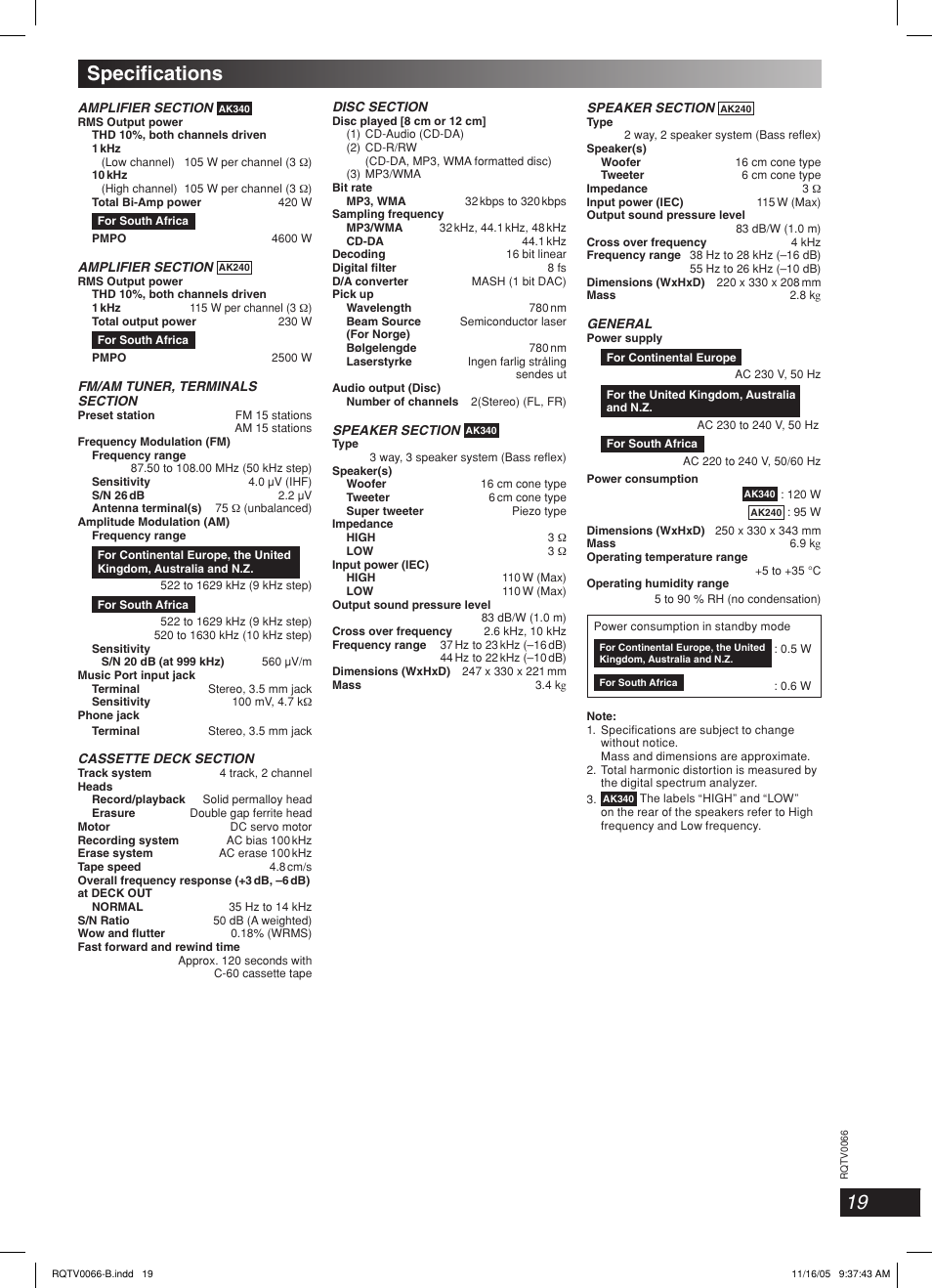 Specifi cations, Lang - 5 lang - 4 français dansk deutsch | Panasonic SC-AK340 User Manual | Page 19 / 20
