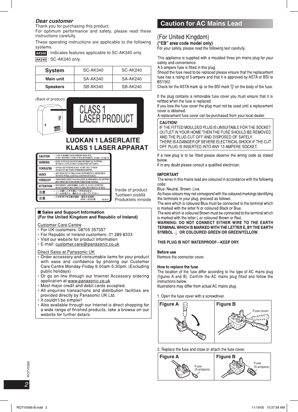 Caution for ac mains lead, System | Panasonic SC-AK340 User Manual | Page 2 / 20