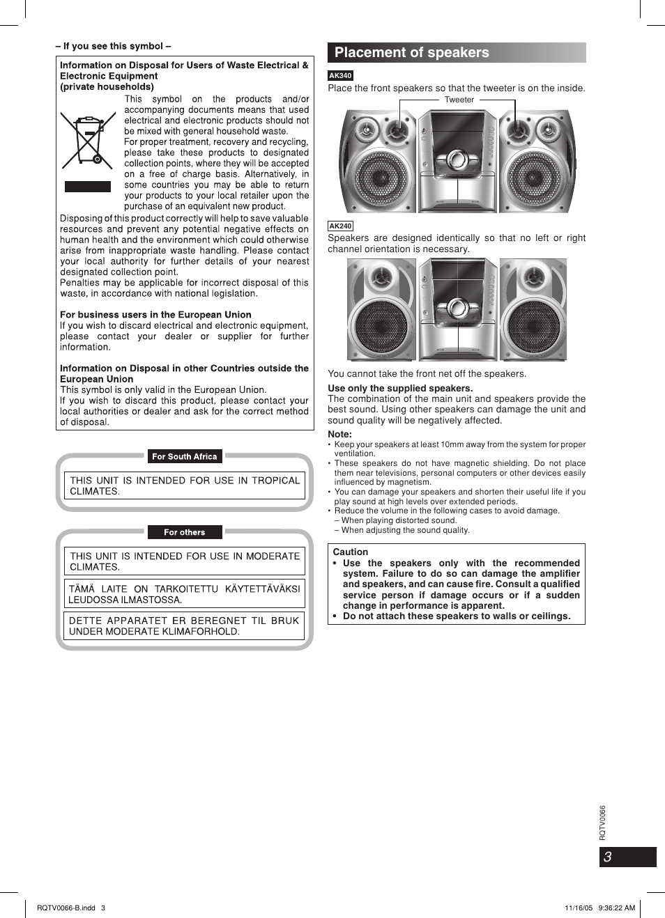 Placement of speakers, Lang - 5 lang - 4 français dansk deutsch | Panasonic SC-AK340 User Manual | Page 3 / 20