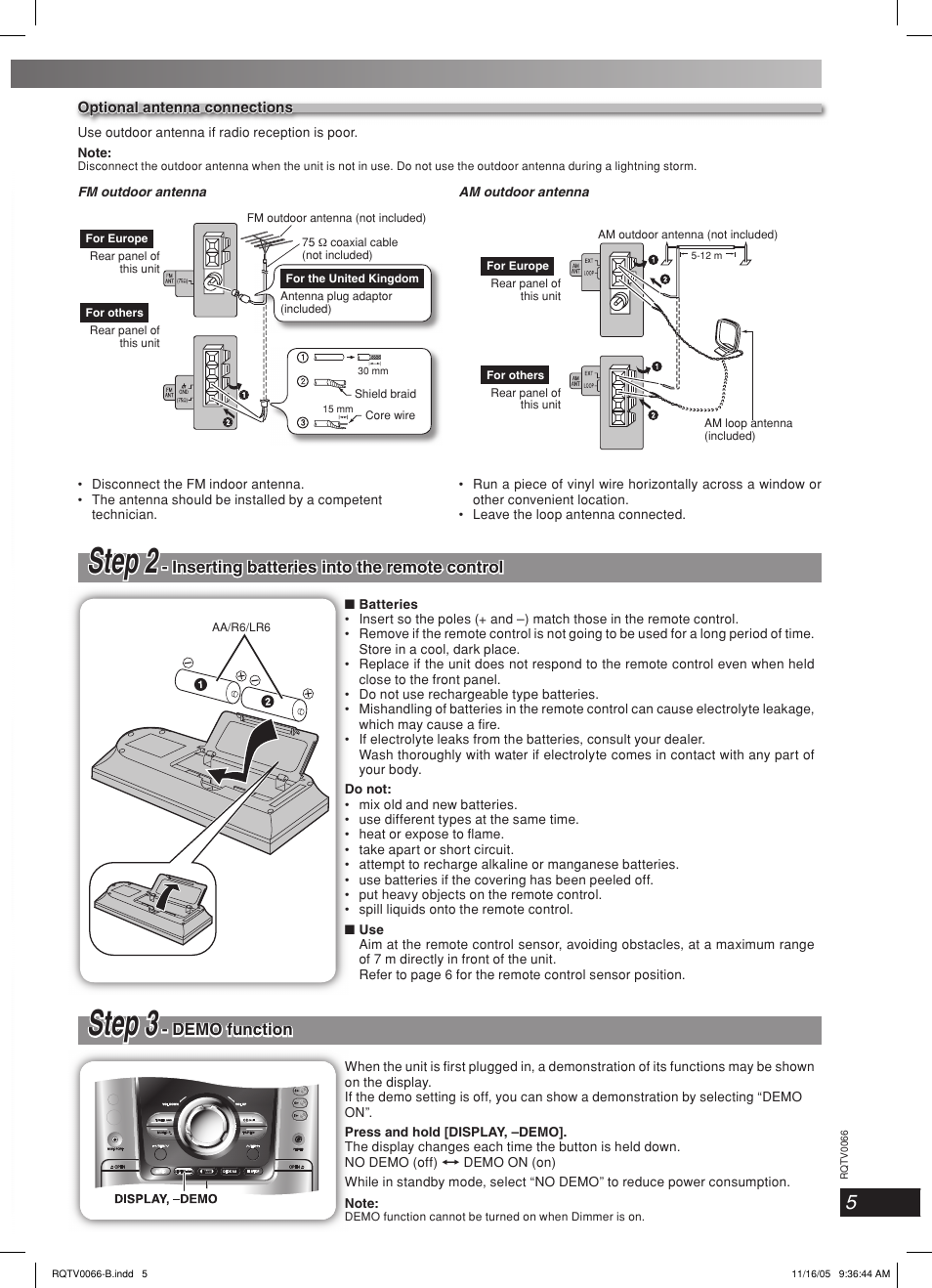 Step 2, Step 3, Lang - 5 lang - 4 français dansk deutsch | Inserting batteries into the remote control, Demo function | Panasonic SC-AK340 User Manual | Page 5 / 20