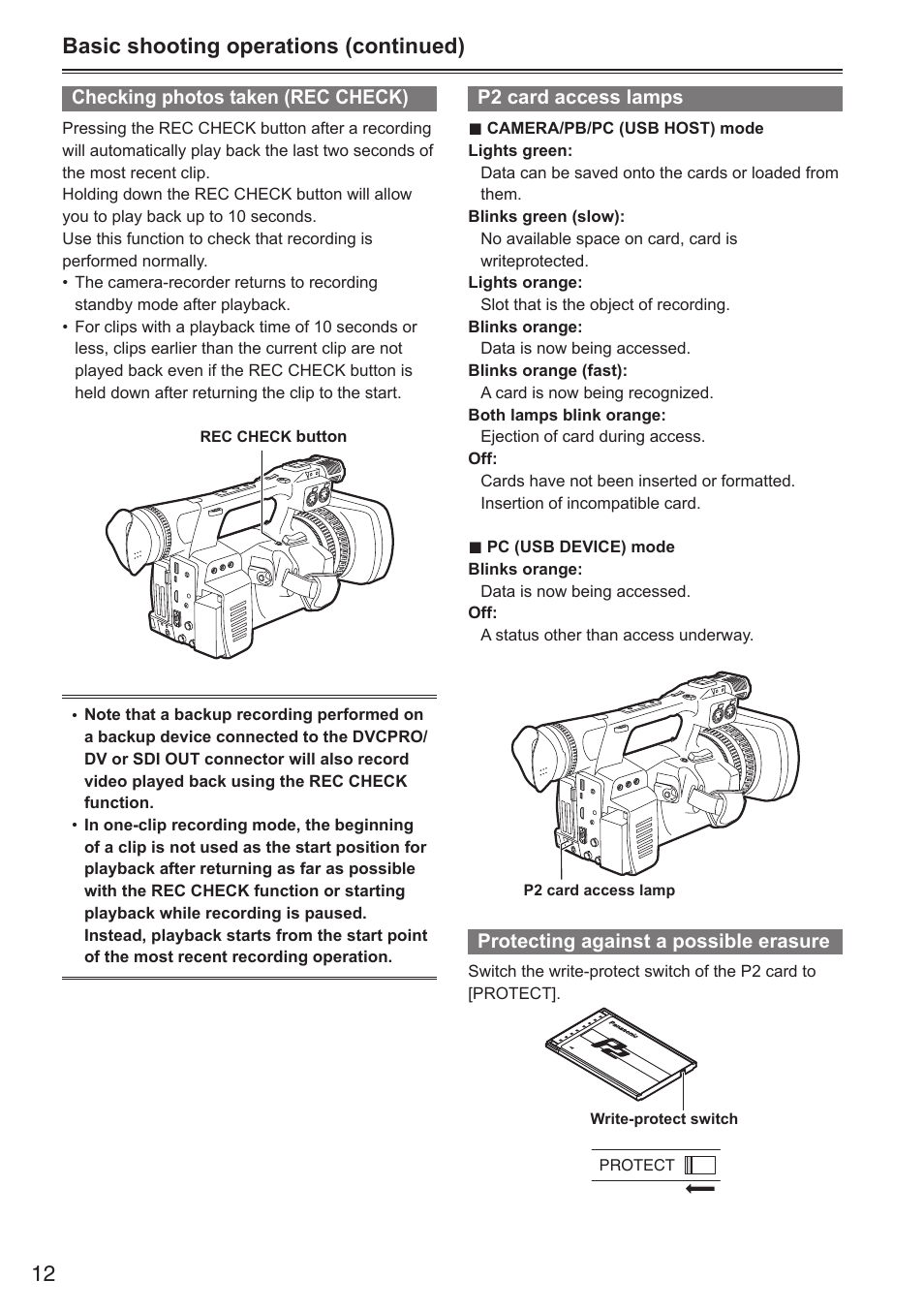 Basic shooting operations (continued) | Panasonic AG-HPX250EN User Manual | Page 12 / 170