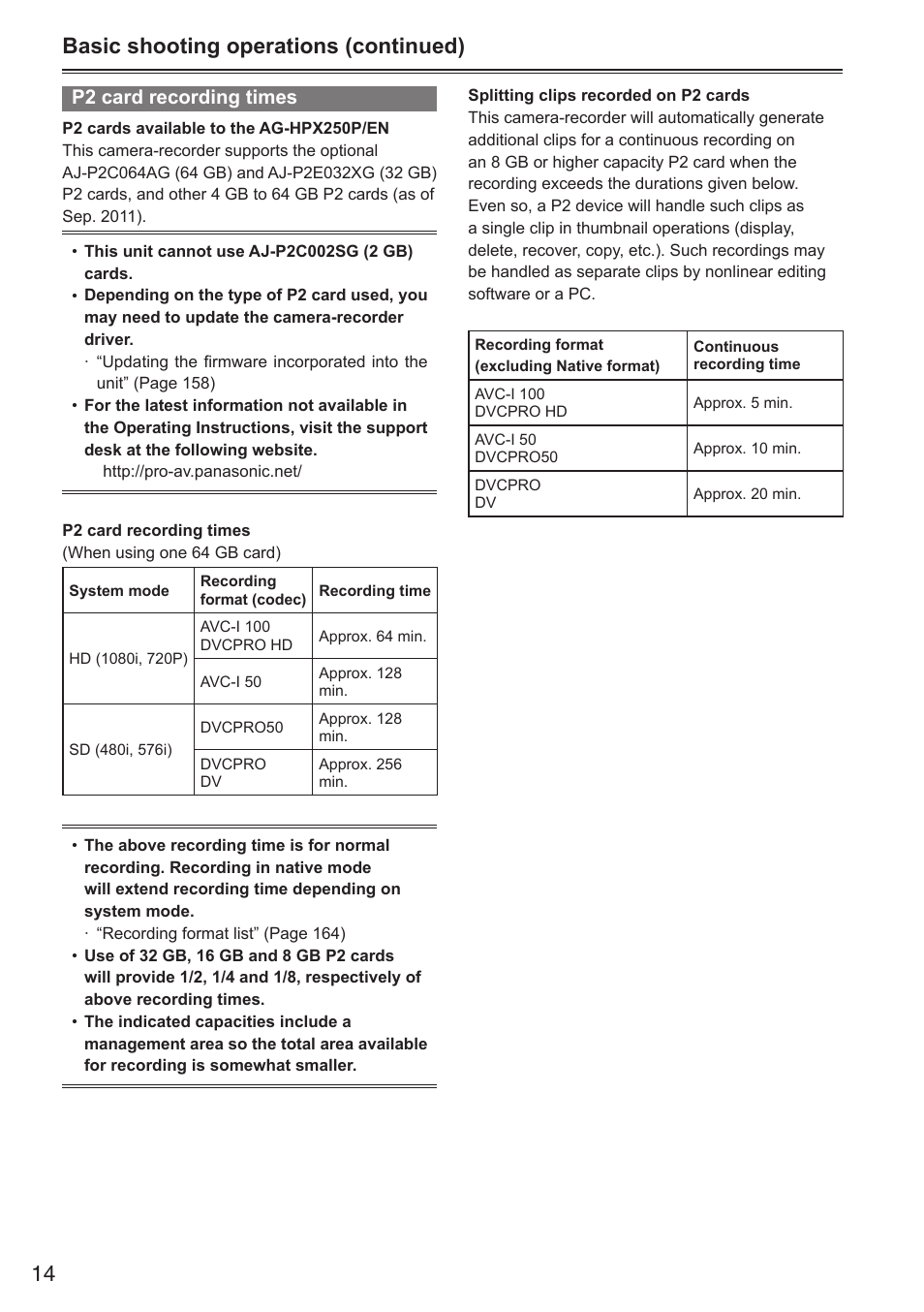 Basic shooting operations (continued), P2 card recording times | Panasonic AG-HPX250EN User Manual | Page 14 / 170