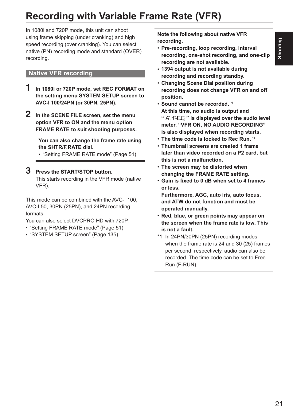 Recording with variable frame rate (vfr) | Panasonic AG-HPX250EN User Manual | Page 21 / 170