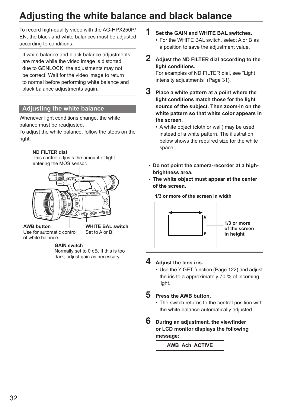 Adjusting the white balance and black balance | Panasonic AG-HPX250EN User Manual | Page 32 / 170