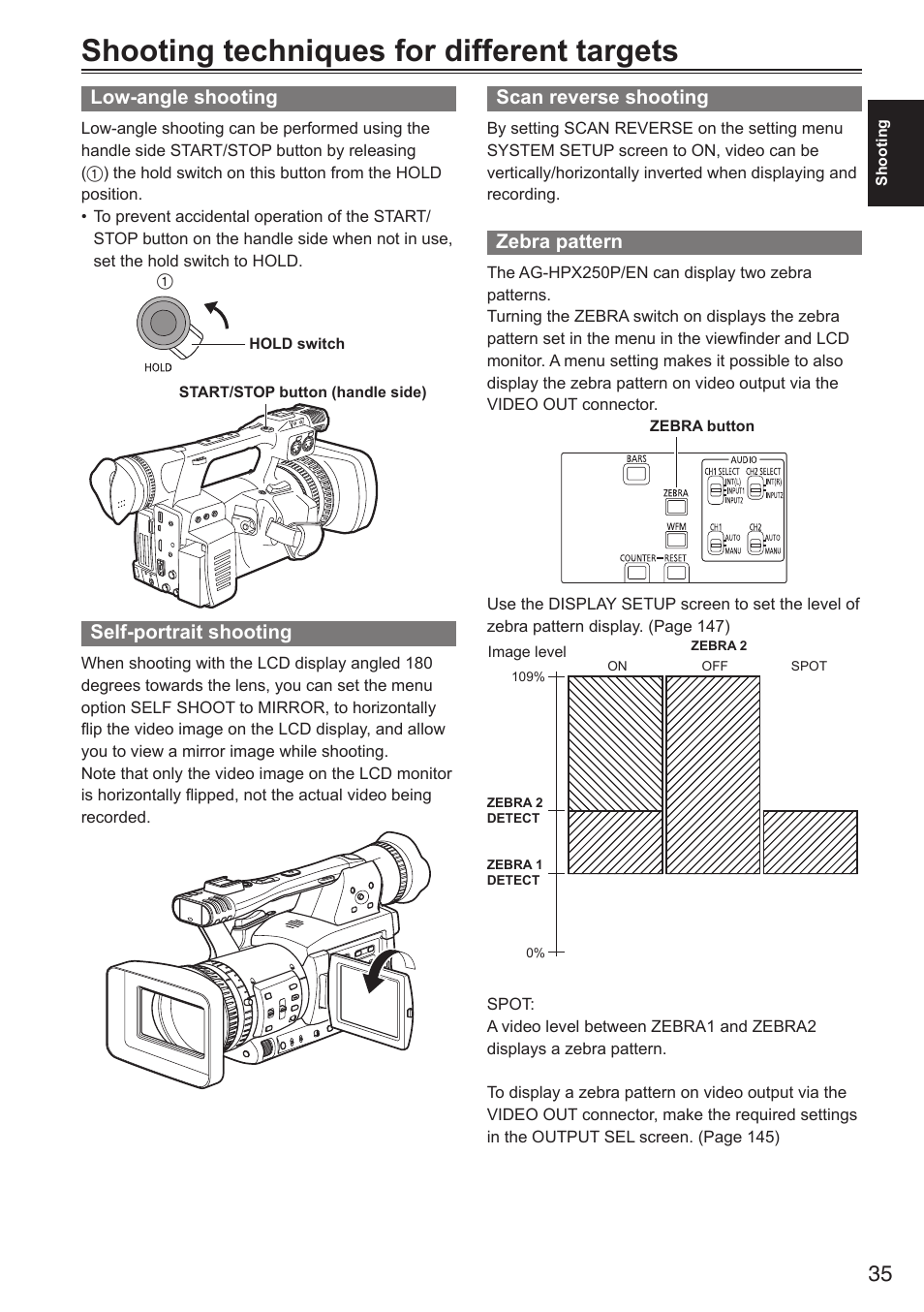 Shooting techniques for different targets, Scan reverse shooting, Zebra pattern | Low-angle shooting, Self-portrait shooting | Panasonic AG-HPX250EN User Manual | Page 35 / 170