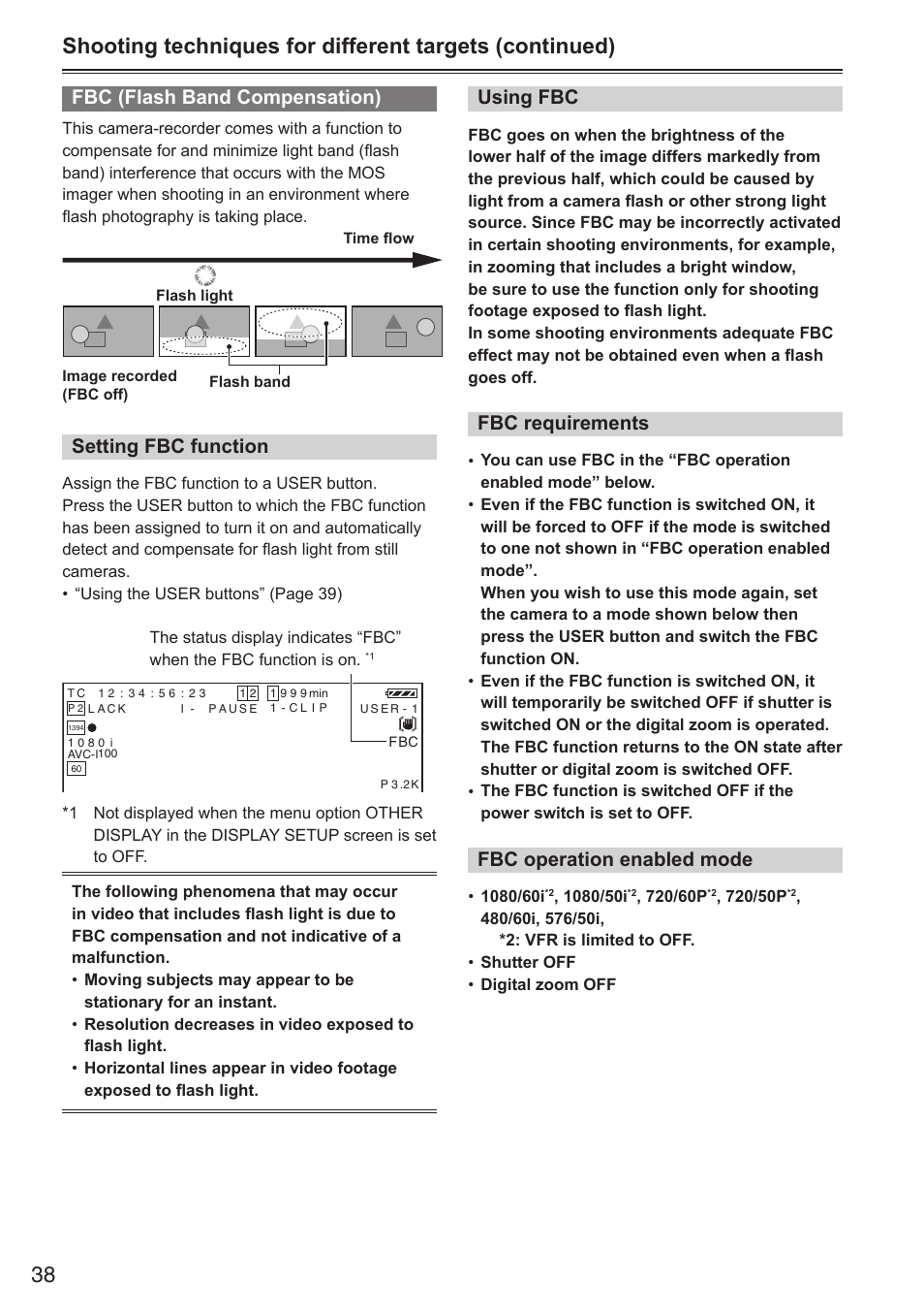 Fbc (flash band compensation), Setting fbc function, Using fbc | Fbc requirements, Fbc operation enabled mode | Panasonic AG-HPX250EN User Manual | Page 38 / 170