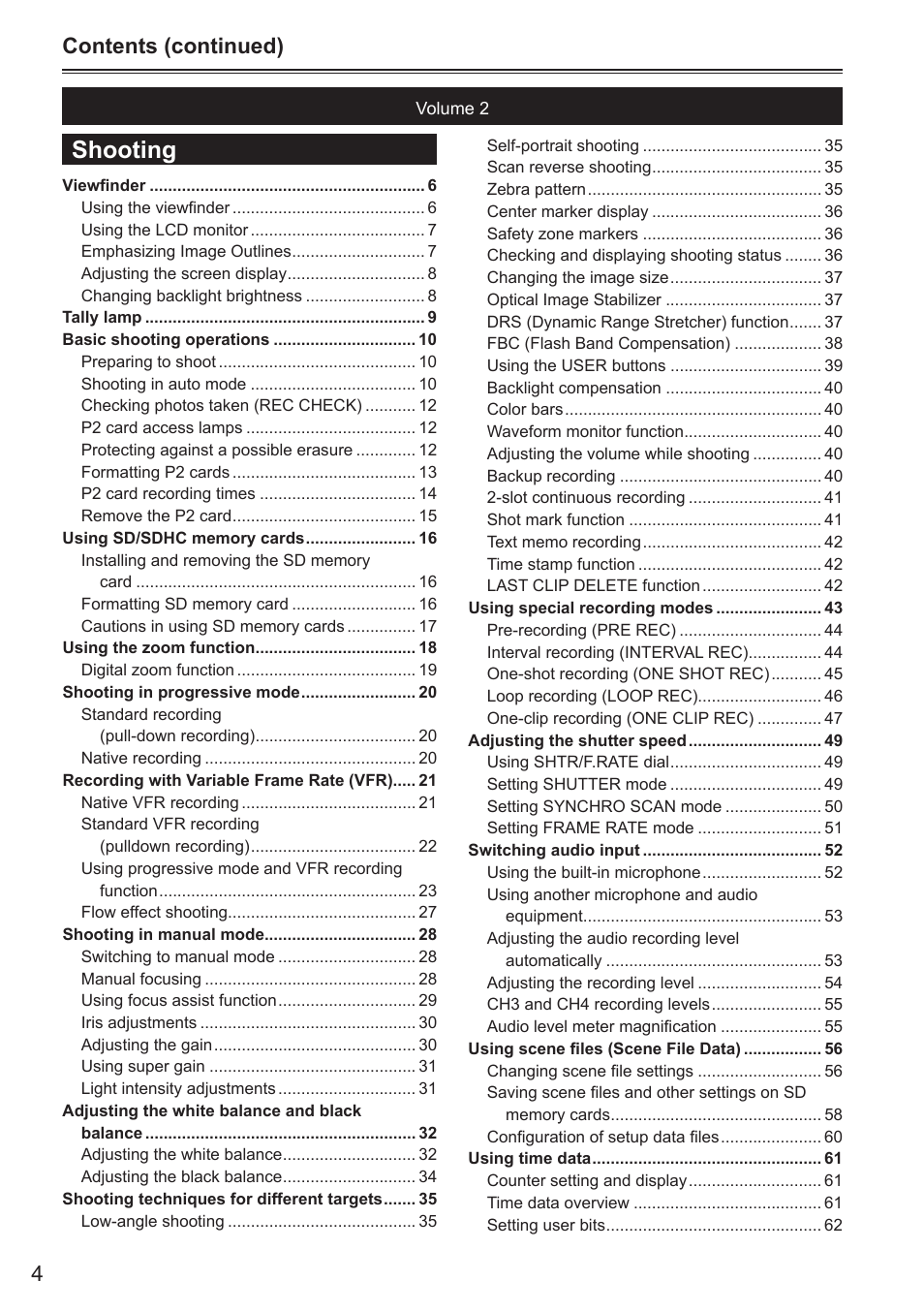 Shooting, 4contents (continued) | Panasonic AG-HPX250EN User Manual | Page 4 / 170