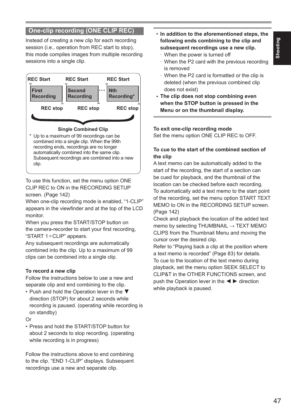 One-clip recording (one clip rec) | Panasonic AG-HPX250EN User Manual | Page 47 / 170