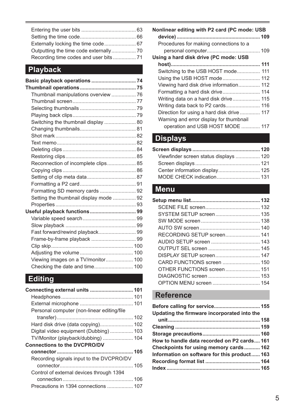 Displays, Menu, Reference | Playback, Editing | Panasonic AG-HPX250EN User Manual | Page 5 / 170