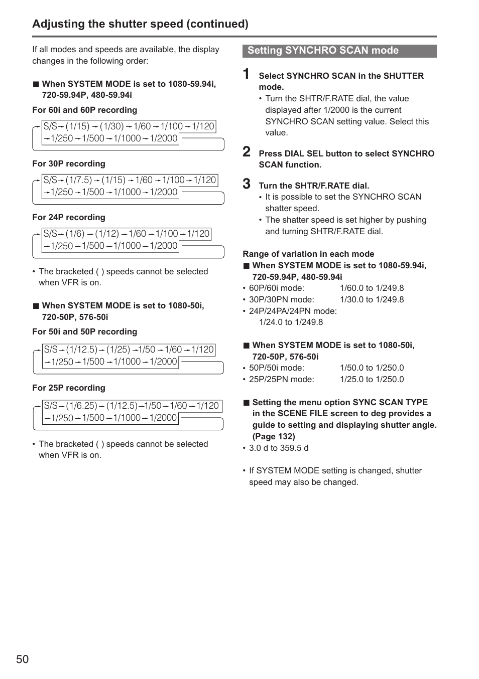 Adjusting the shutter speed (continued) | Panasonic AG-HPX250EN User Manual | Page 50 / 170