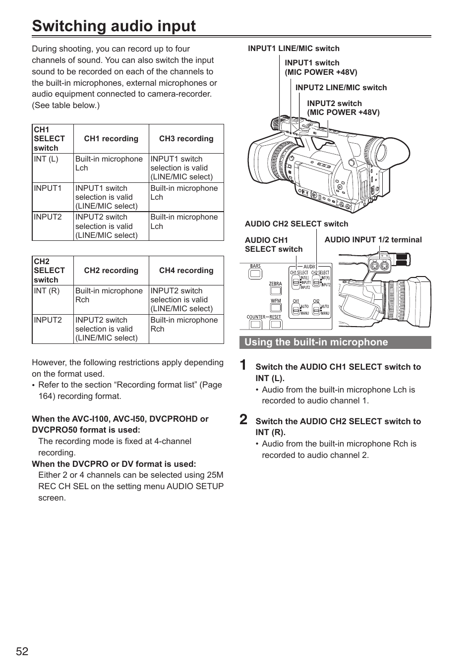 Switching audio input, Using the built-in microphone | Panasonic AG-HPX250EN User Manual | Page 52 / 170