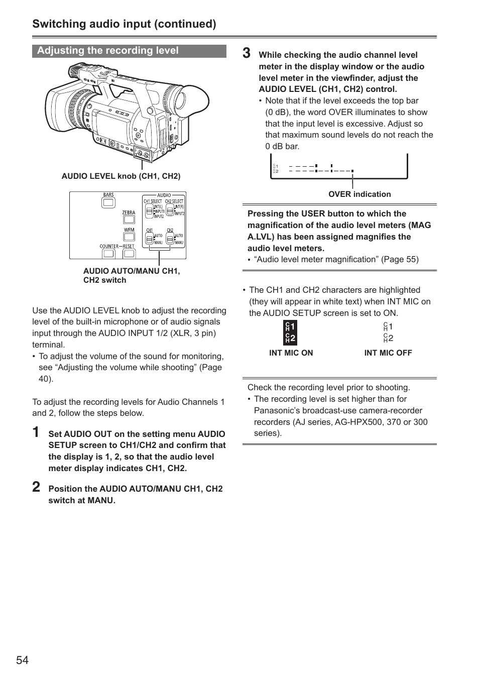 Switching audio input (continued), Adjusting the recording level | Panasonic AG-HPX250EN User Manual | Page 54 / 170