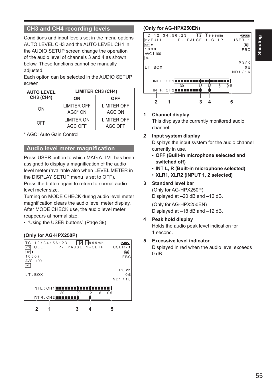 Ch3 and ch4 recording levels, Audio level meter magnification | Panasonic AG-HPX250EN User Manual | Page 55 / 170