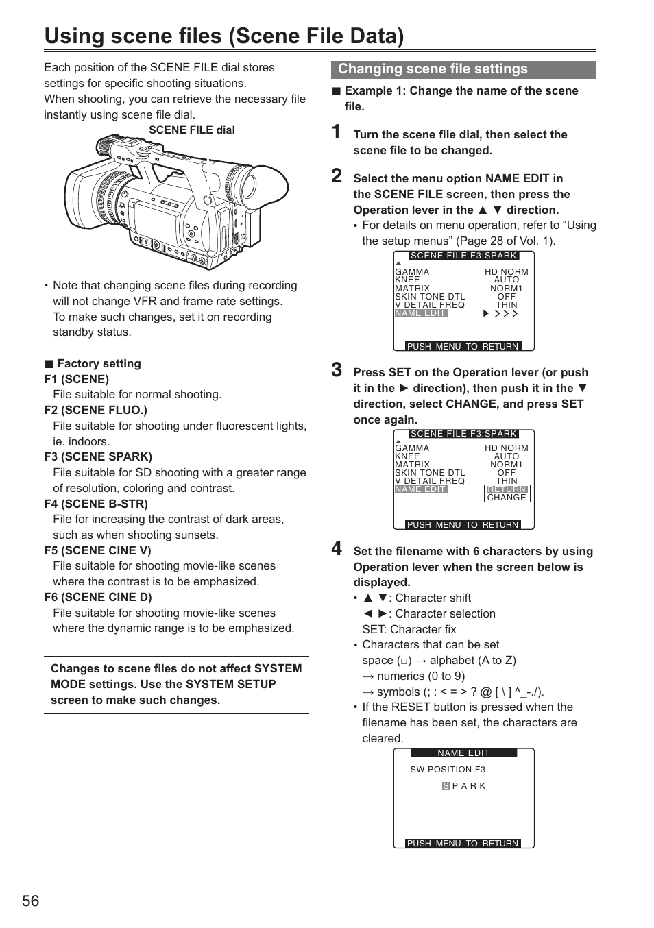 Using scene files (scene file data), Changing scene file settings | Panasonic AG-HPX250EN User Manual | Page 56 / 170