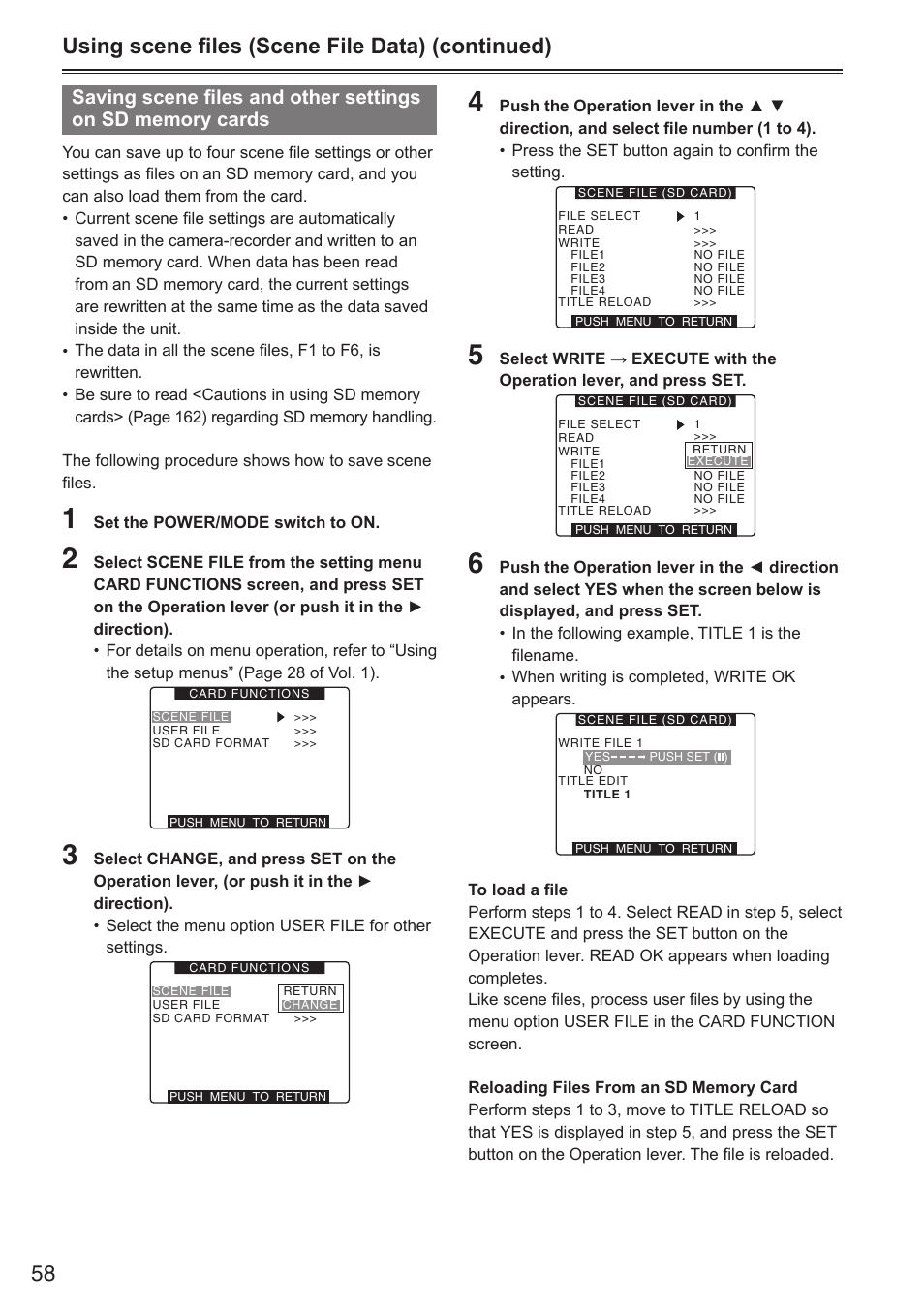 58 using scene files (scene file data) (continued) | Panasonic AG-HPX250EN User Manual | Page 58 / 170