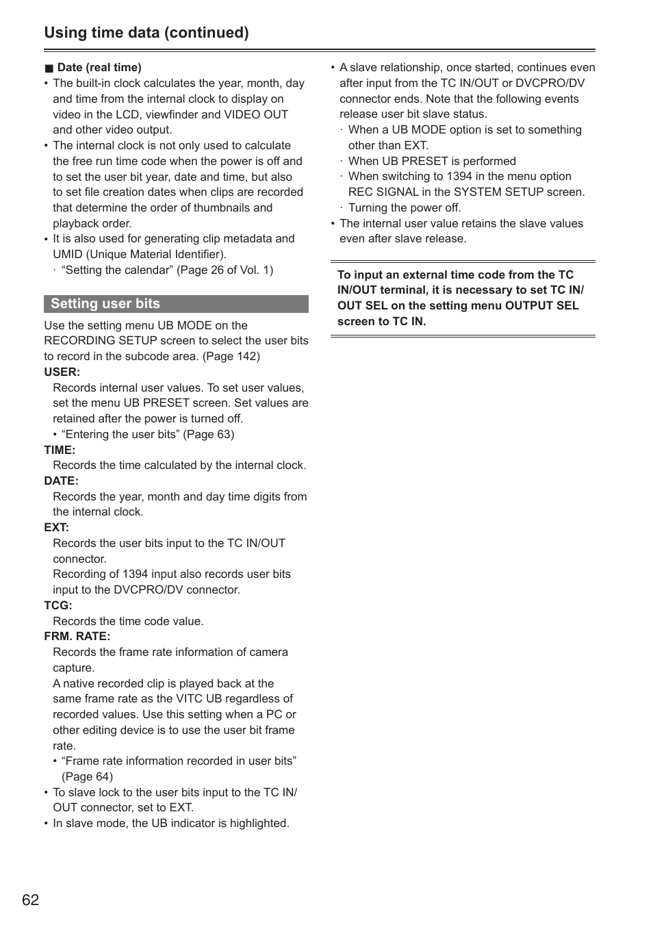 62 using time data (continued) | Panasonic AG-HPX250EN User Manual | Page 62 / 170