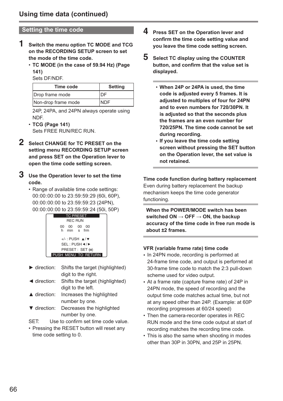 66 using time data (continued) | Panasonic AG-HPX250EN User Manual | Page 66 / 170