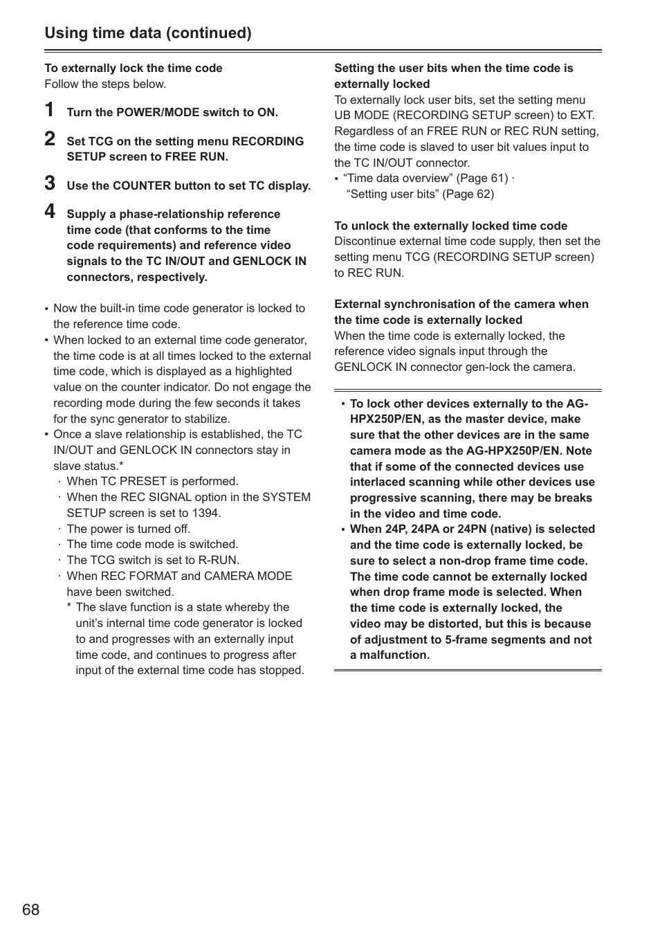 68 using time data (continued) | Panasonic AG-HPX250EN User Manual | Page 68 / 170