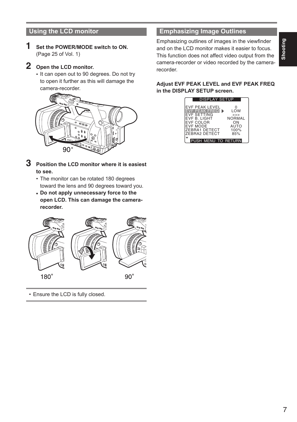 Using the lcd monitor, Emphasizing image outlines | Panasonic AG-HPX250EN User Manual | Page 7 / 170