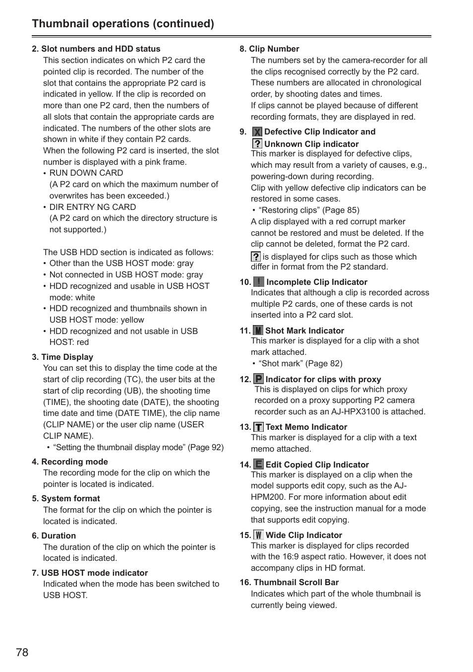 Thumbnail operations (continued) | Panasonic AG-HPX250EN User Manual | Page 78 / 170