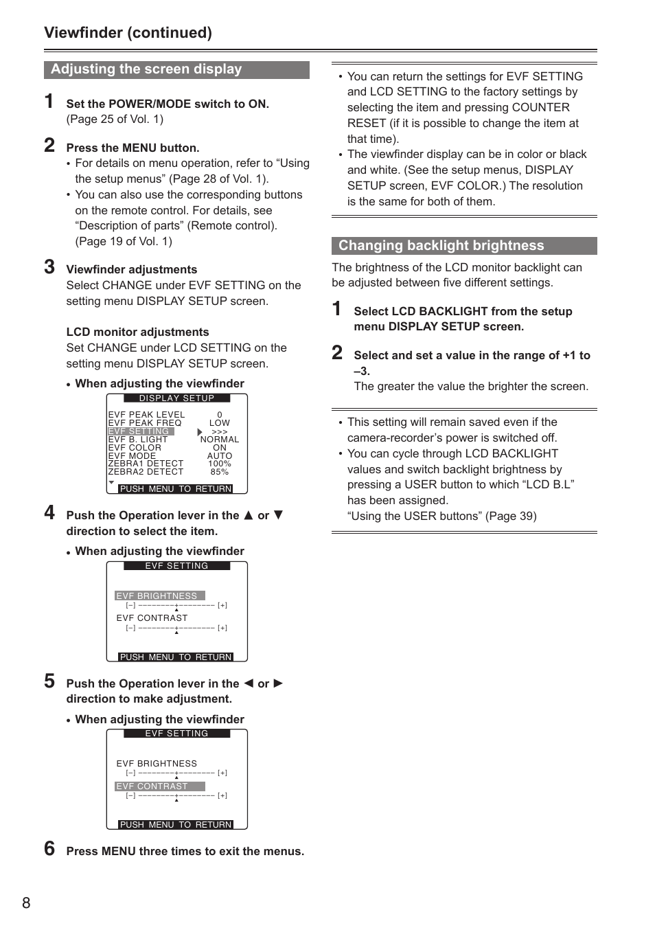 Viewfinder (continued), Adjusting the screen display, Changing backlight brightness | Panasonic AG-HPX250EN User Manual | Page 8 / 170