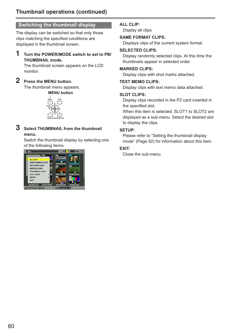 Thumbnail operations (continued) | Panasonic AG-HPX250EN User Manual | Page 80 / 170