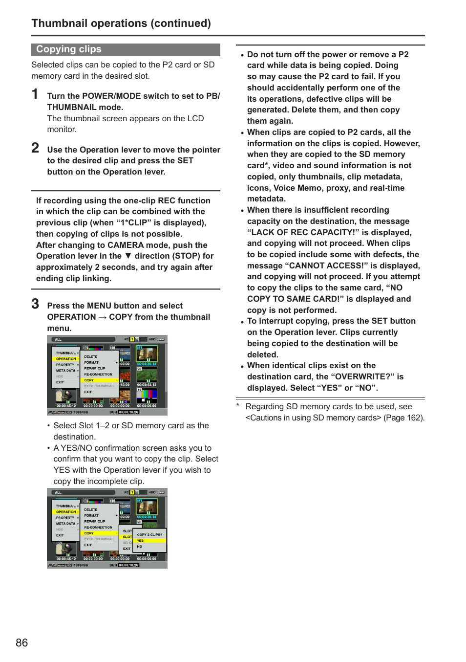 Thumbnail operations (continued) | Panasonic AG-HPX250EN User Manual | Page 86 / 170