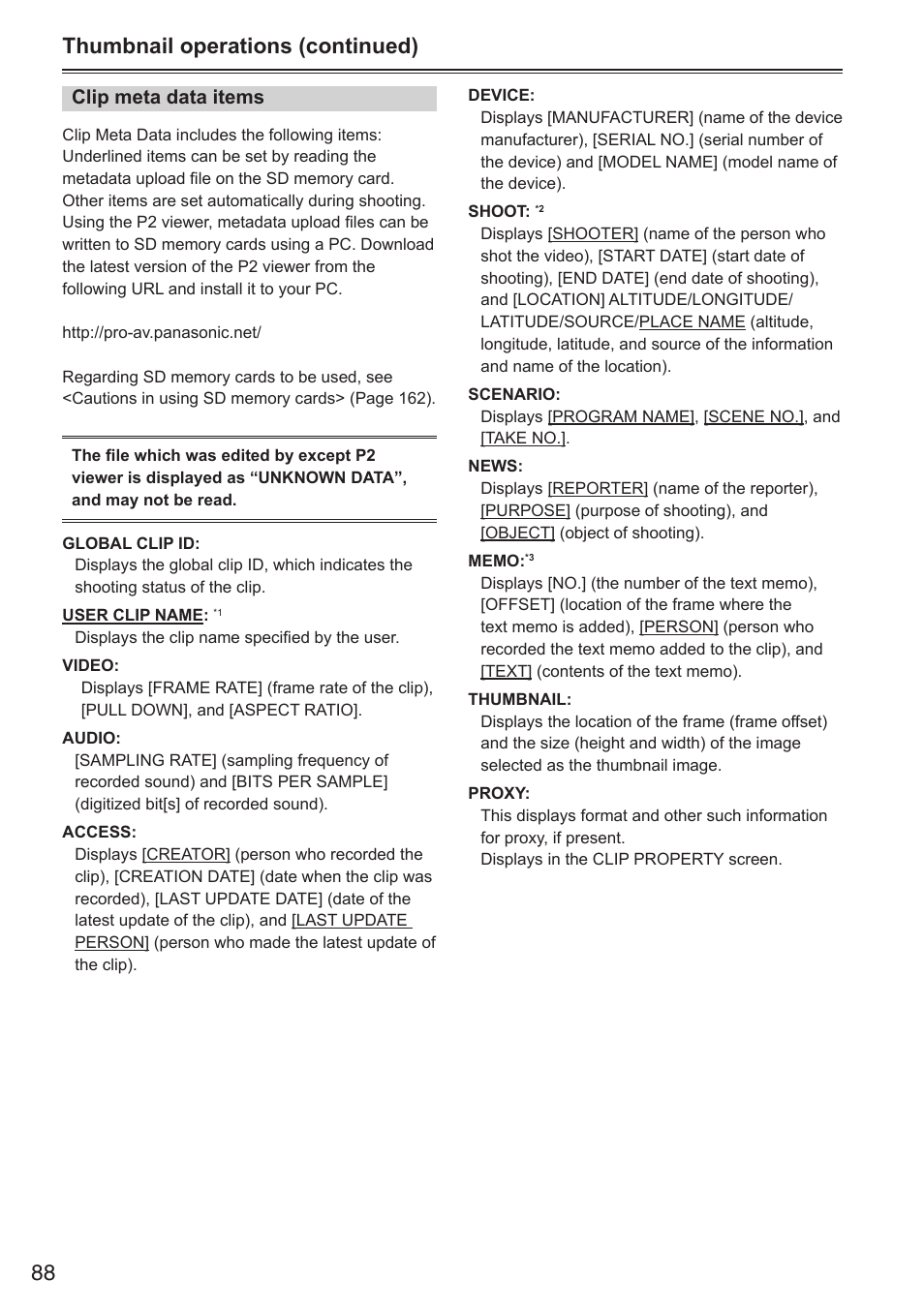 Thumbnail operations (continued) | Panasonic AG-HPX250EN User Manual | Page 88 / 170