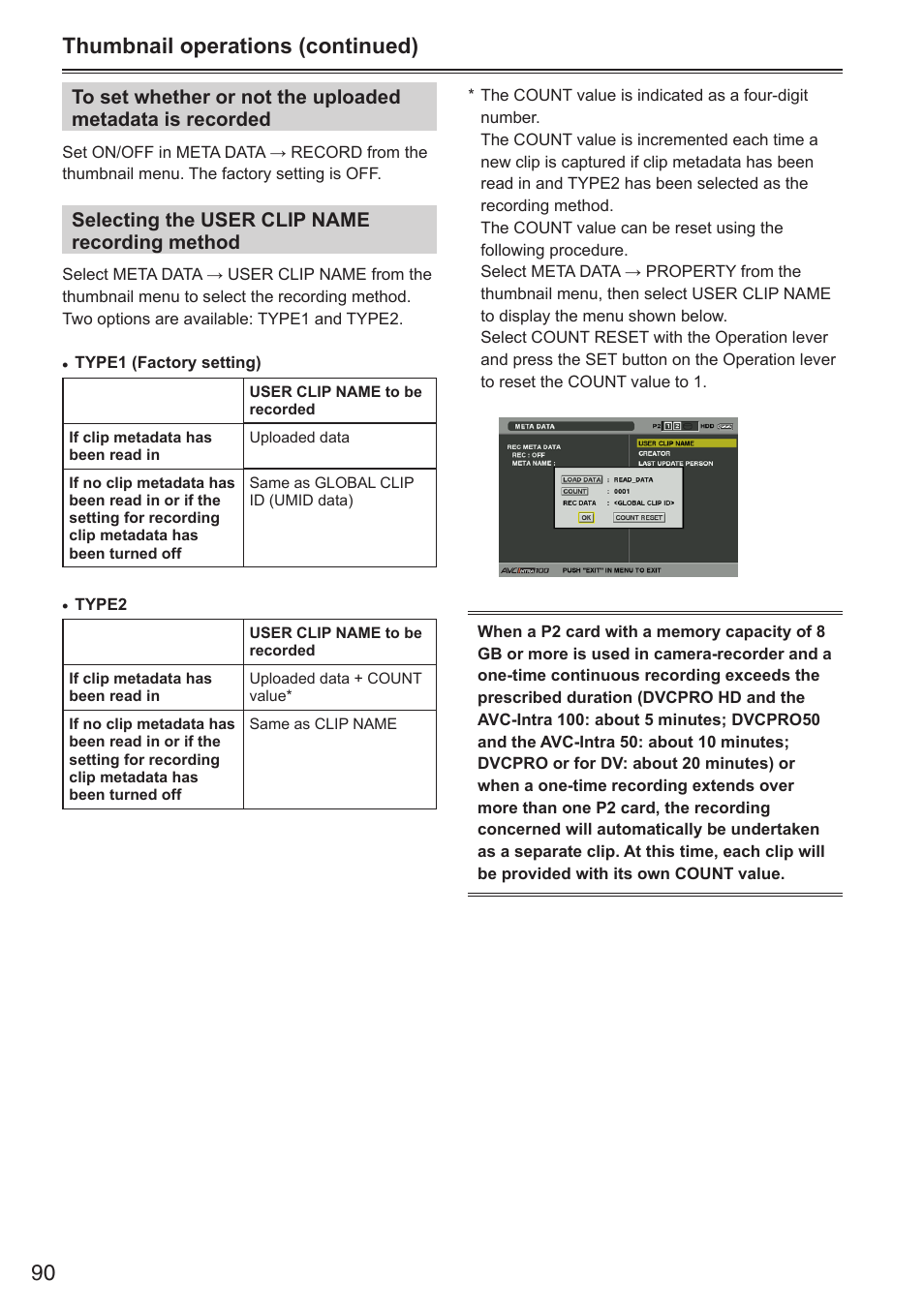 Thumbnail operations (continued), Selecting the user clip name recording method | Panasonic AG-HPX250EN User Manual | Page 90 / 170