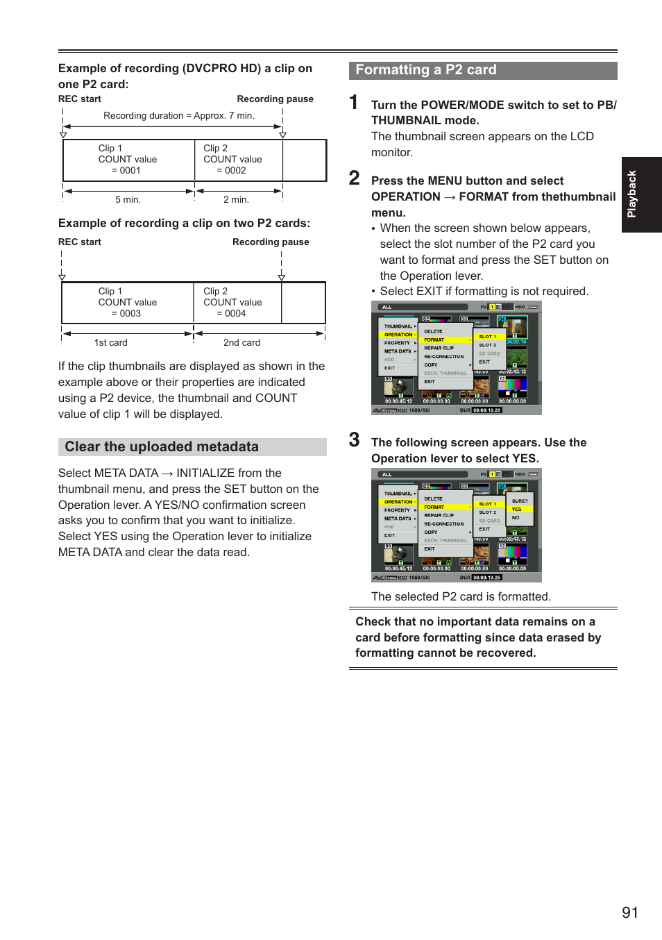 Clear the uploaded metadata, Formatting a p2 card | Panasonic AG-HPX250EN User Manual | Page 91 / 170