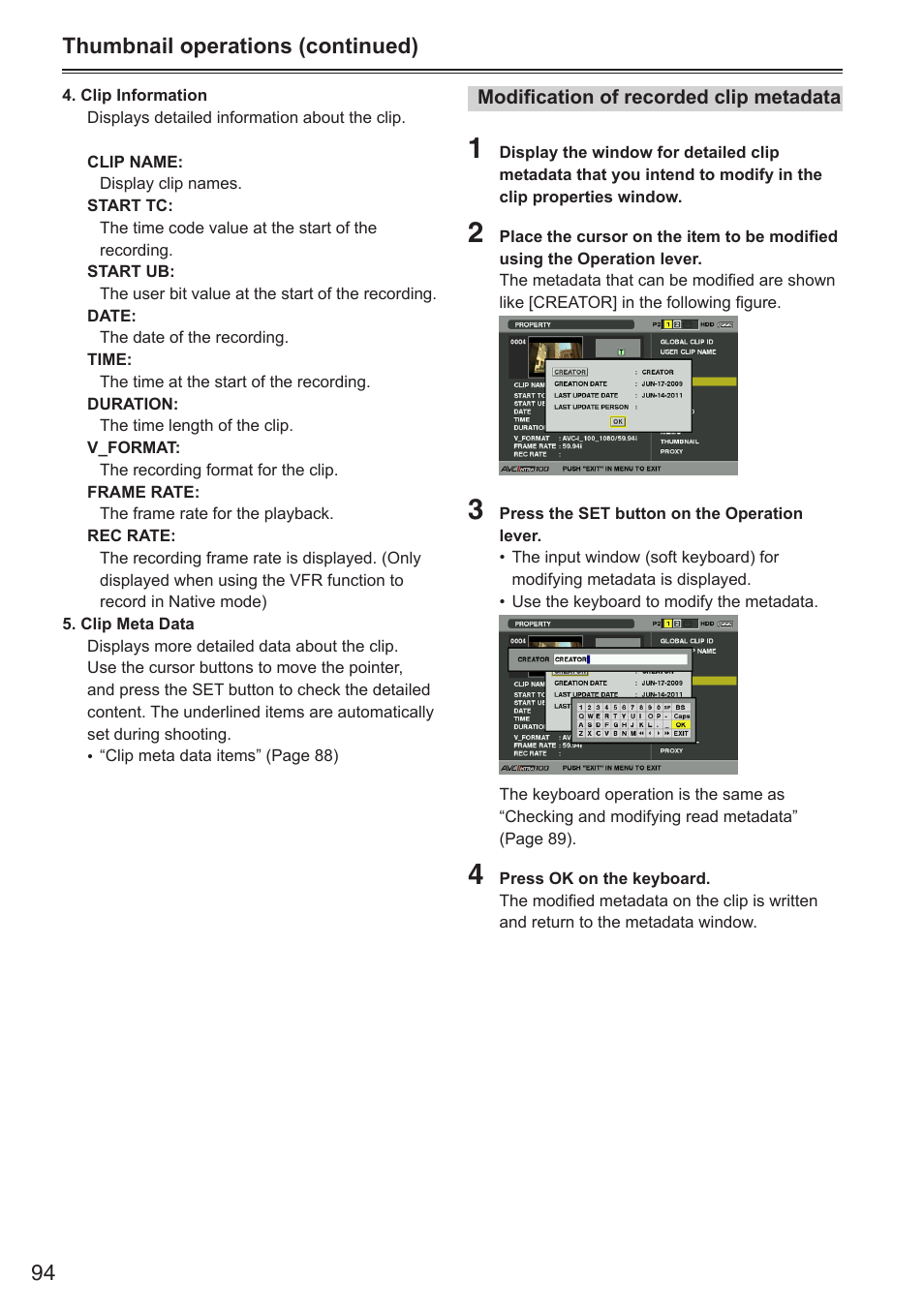 Thumbnail operations (continued) | Panasonic AG-HPX250EN User Manual | Page 94 / 170