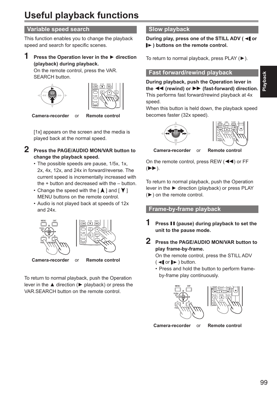 Useful playback functions, Variable speed search, Slow playback | Fast forward/rewind playback, Frame-by-frame playback, Playback, Camera-recorder or remote control | Panasonic AG-HPX250EN User Manual | Page 99 / 170