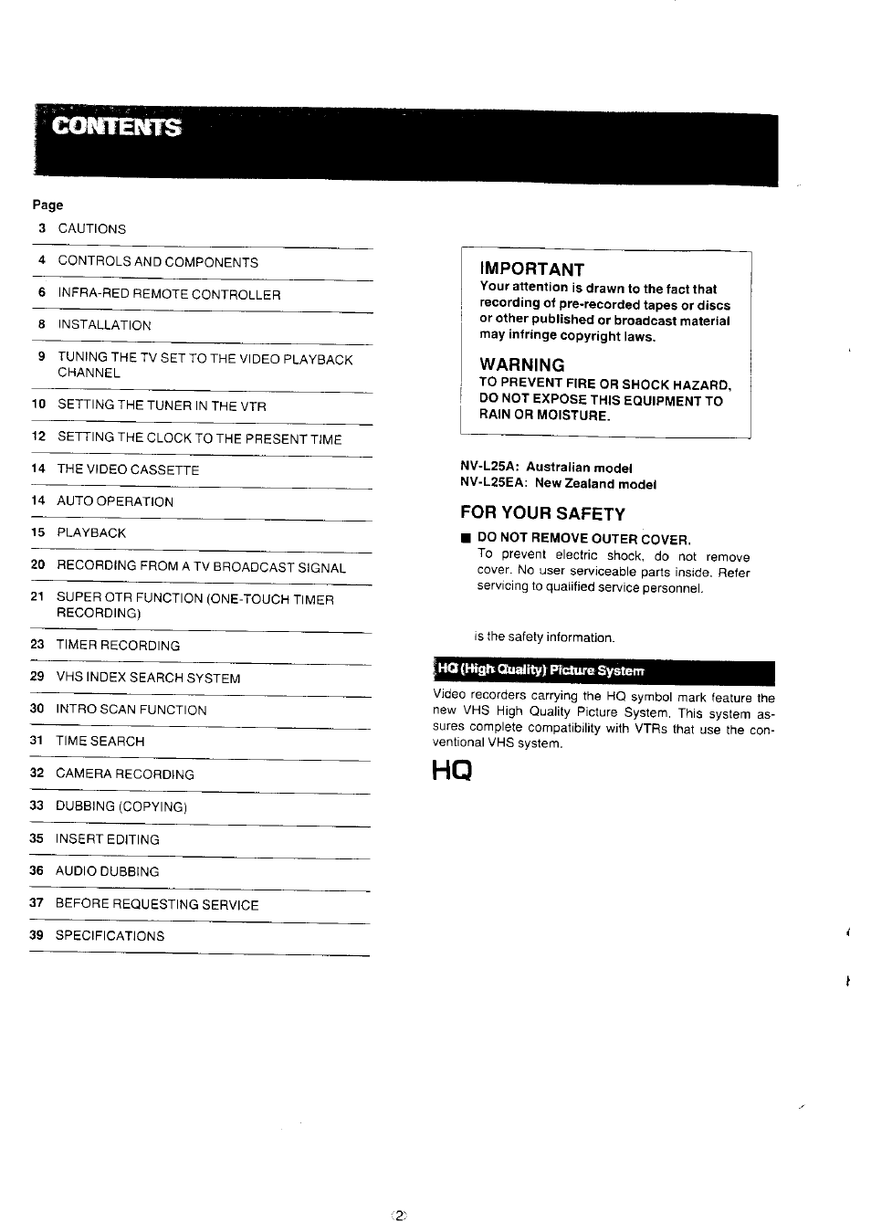 For your safety, Do not remove outer cover, Hg (htg^ qual picture systerrr | Panasonic NV-L25 User Manual | Page 2 / 39