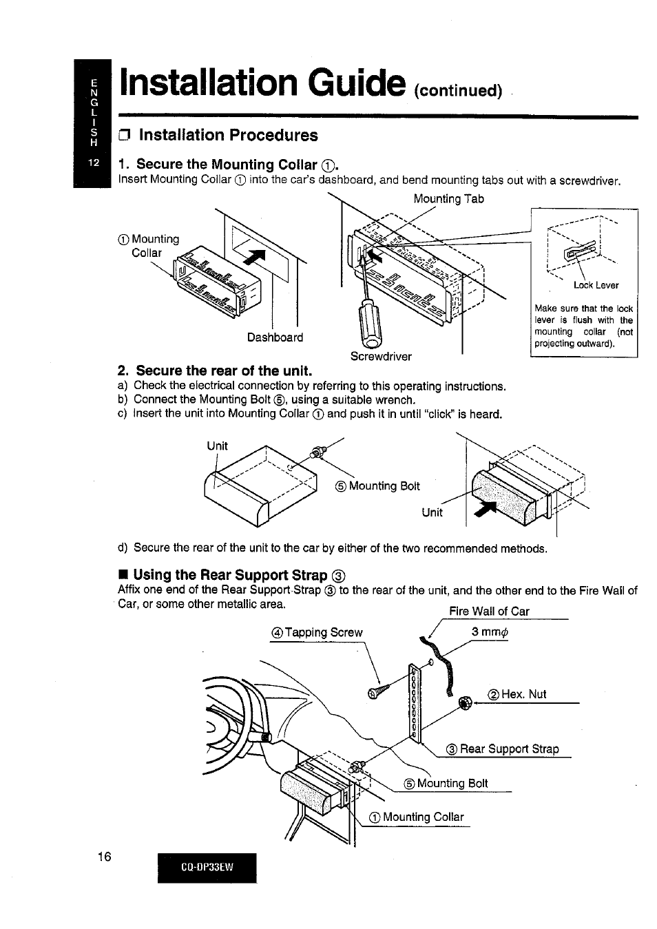 Secure the mounting collar 0, Secure the rear of the unit, Using the rear support strap | Installation guide, Installation procedures | Panasonic CQDP33EW User Manual | Page 14 / 20