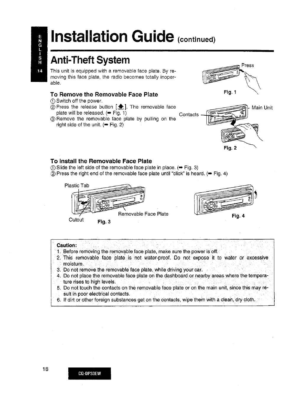 Installation guide, Anti-theft system, Continued) | Panasonic CQDP33EW User Manual | Page 16 / 20