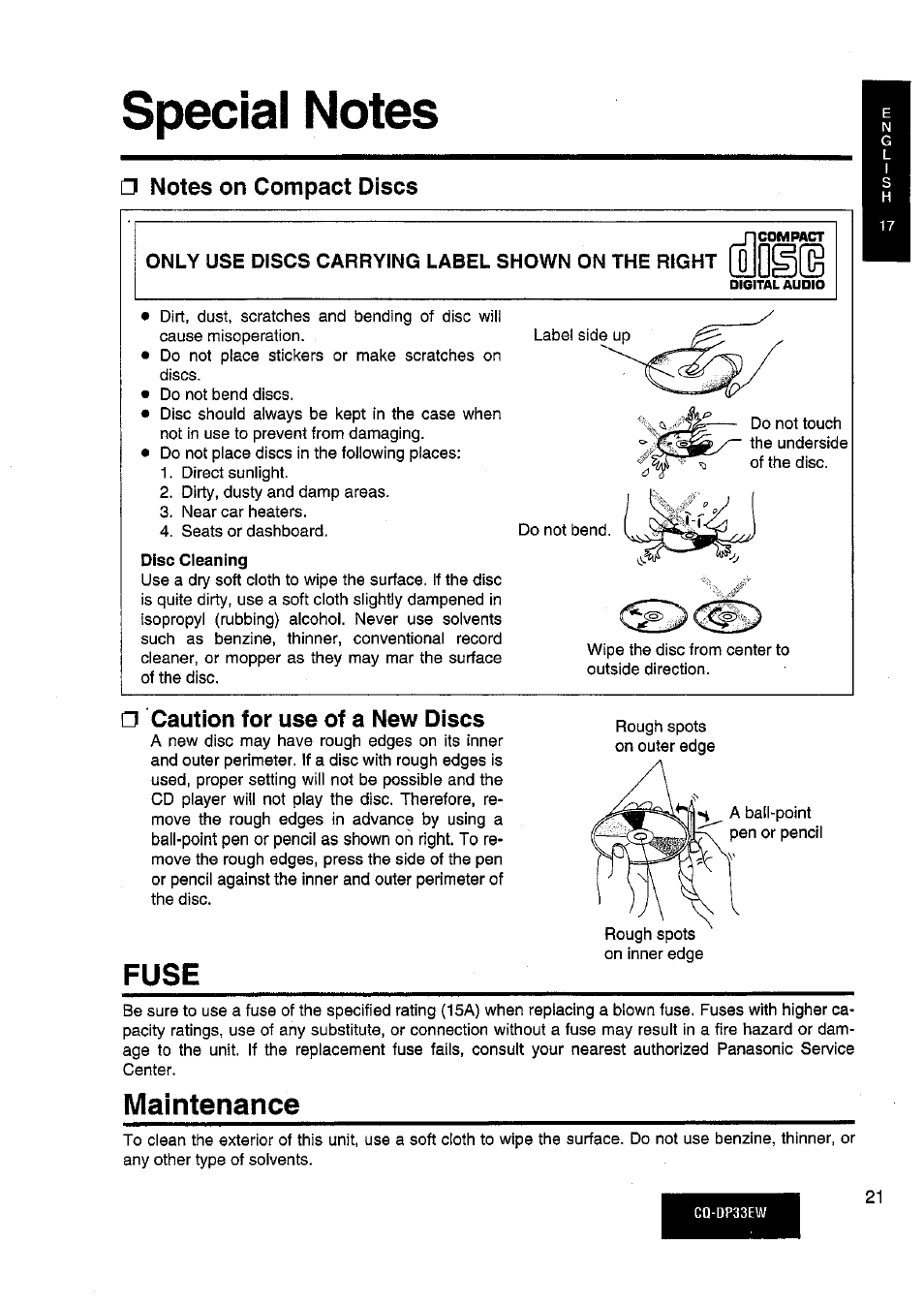 Special notes, Notes on compact discs, Caution for use of a new discs | Maintenance, Fuse | Panasonic CQDP33EW User Manual | Page 19 / 20