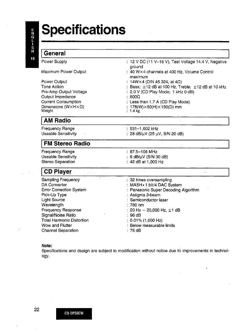 Specifications, General, Am radio | Fm stereo radio, Cd piayer | Panasonic CQDP33EW User Manual | Page 20 / 20