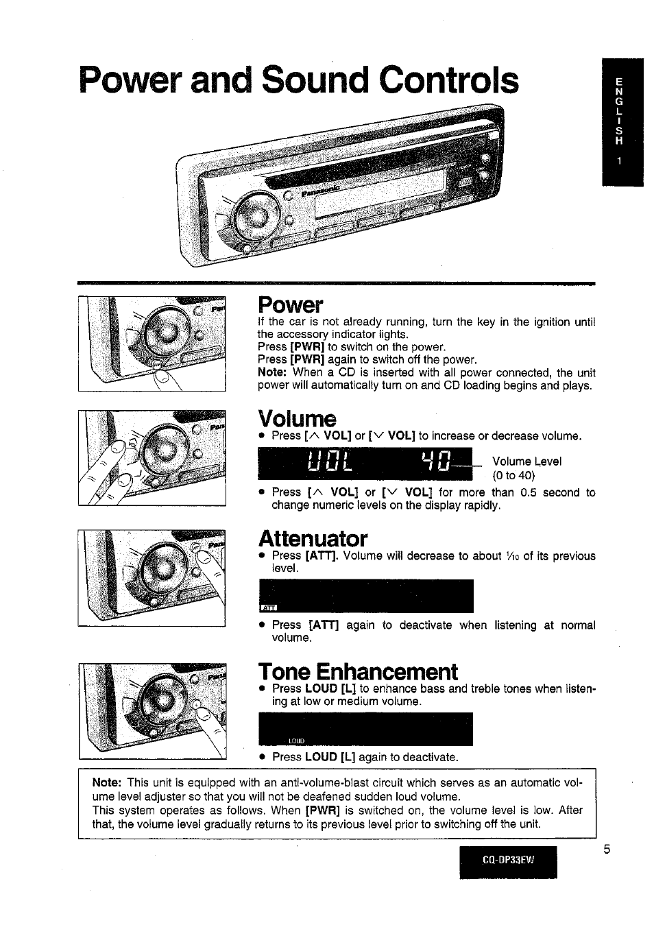 Power and sound controls, Power and sound controis, Power | Volume, Attenuator, Tone enhancement | Panasonic CQDP33EW User Manual | Page 3 / 20