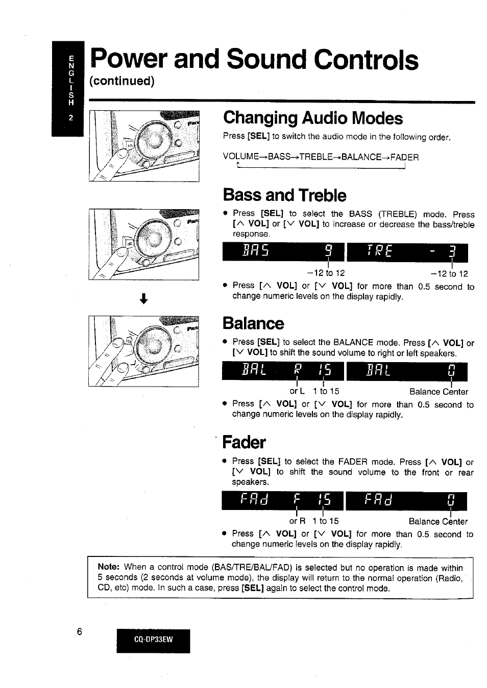 Power and sound controls, Continued), 3 h 5 | Changing audio modes, Bass and treble, Balance, Fader | Panasonic CQDP33EW User Manual | Page 4 / 20