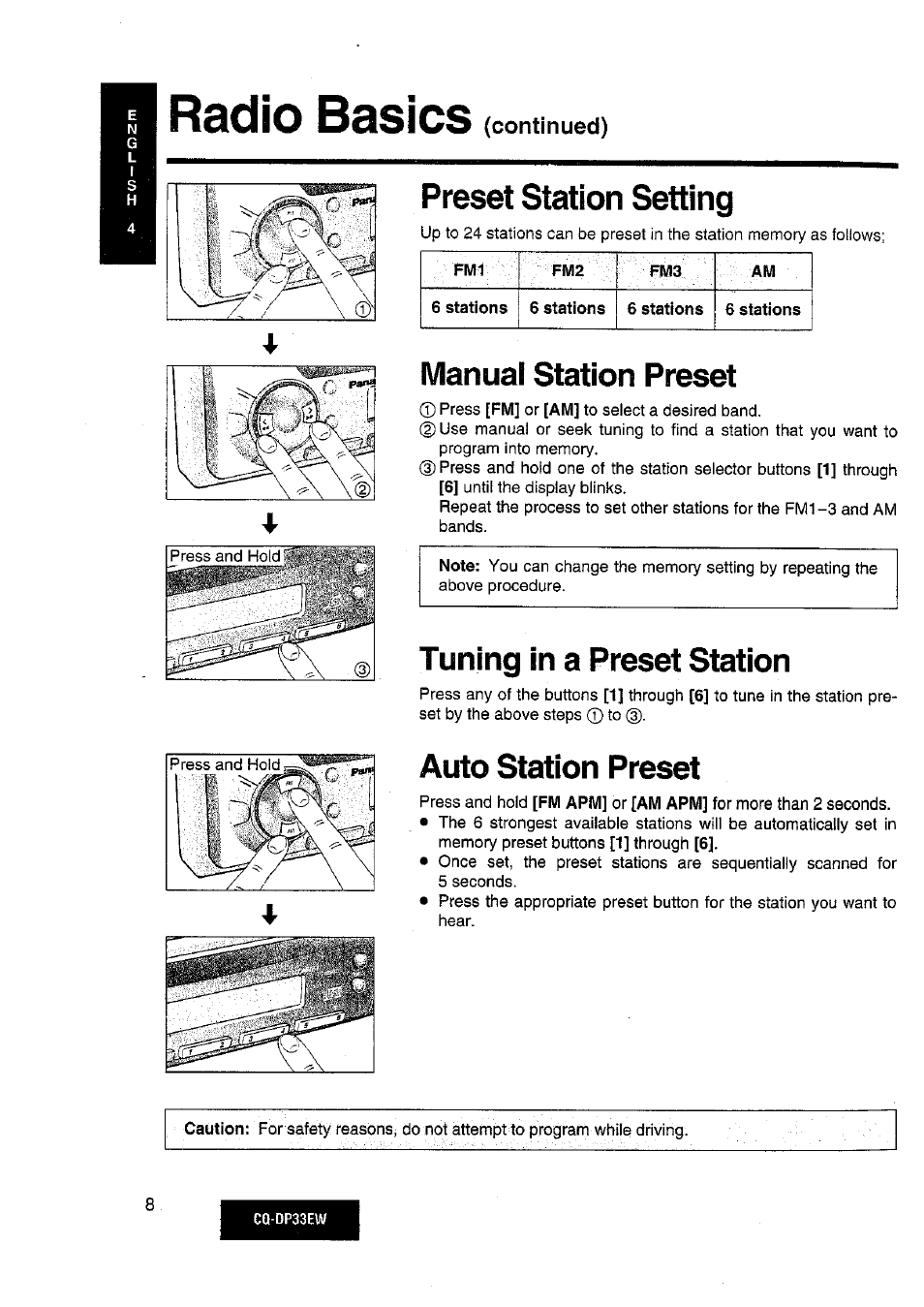 Radio basics, Preset station setting, Manual station preset | Tuning in a preset station, Auto station preset, Continued) | Panasonic CQDP33EW User Manual | Page 6 / 20