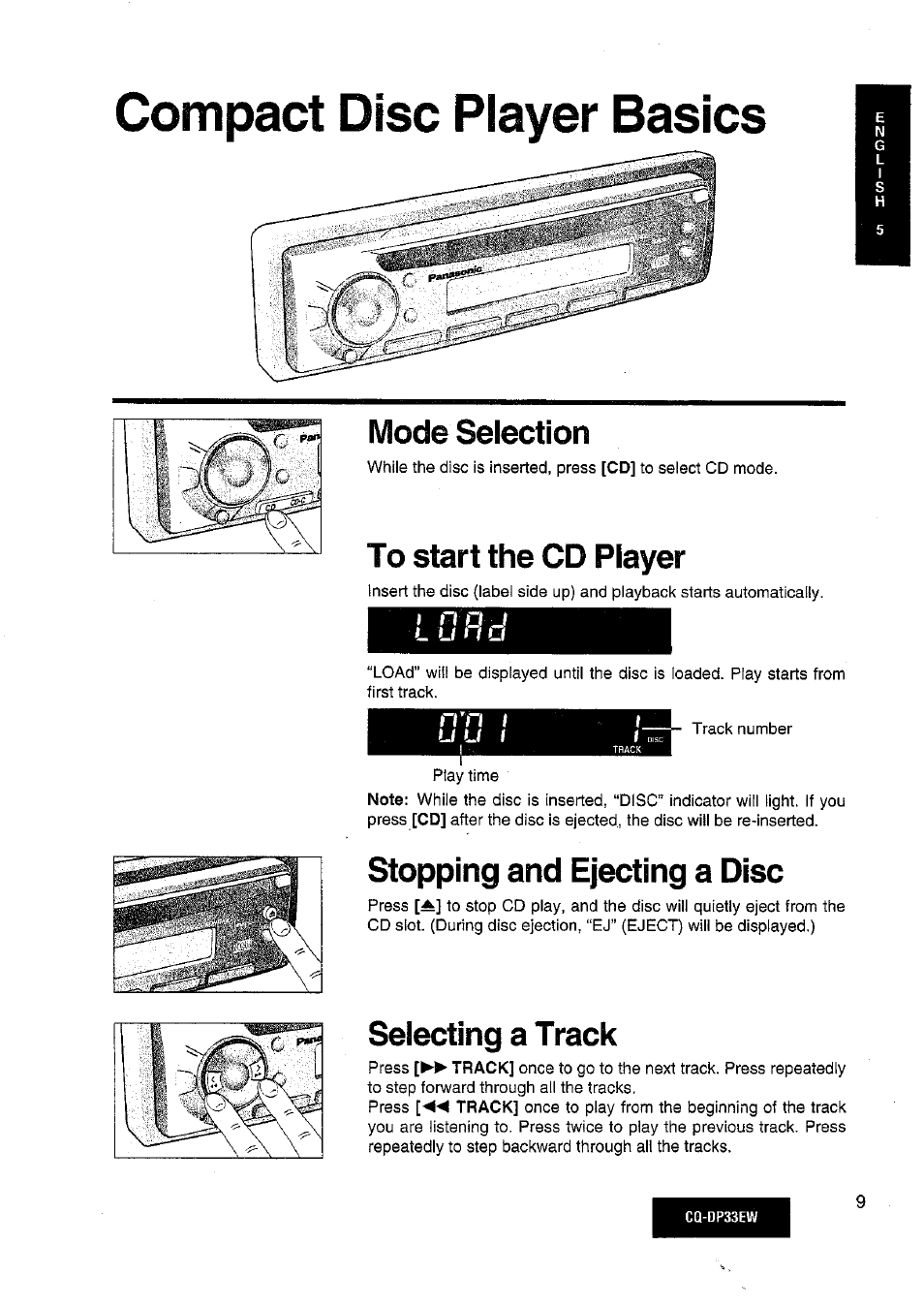 Compact disc player basics, I no j, Mode selection | I n o j, Stopping and ejecting a disc, Selecting a track, L u » i u | Panasonic CQDP33EW User Manual | Page 7 / 20