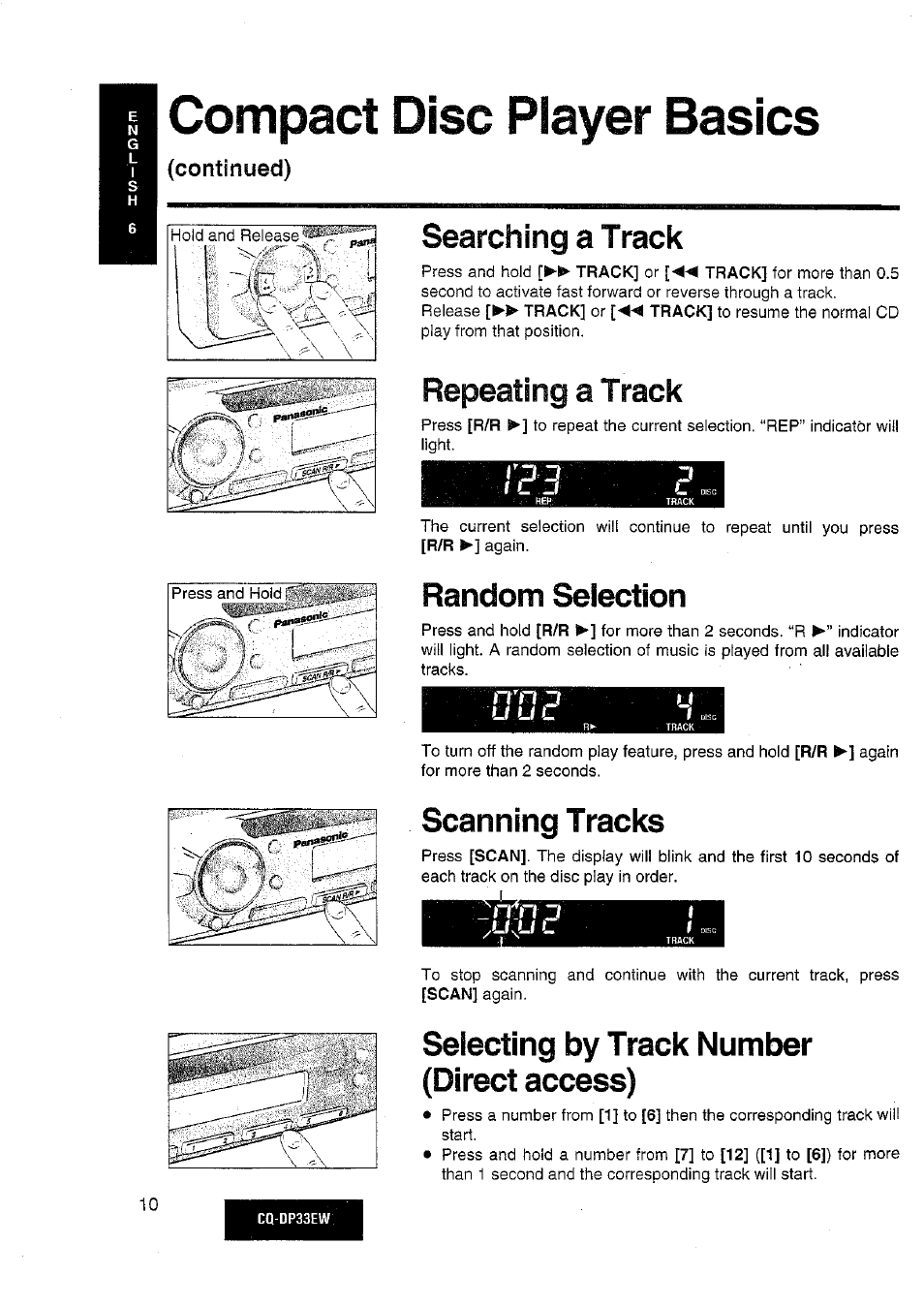 Compact disc player basics, Continued), Searching a track | Repeating a track, Random selection, Scanning tracks, Selecting by track number (direct access) | Panasonic CQDP33EW User Manual | Page 8 / 20