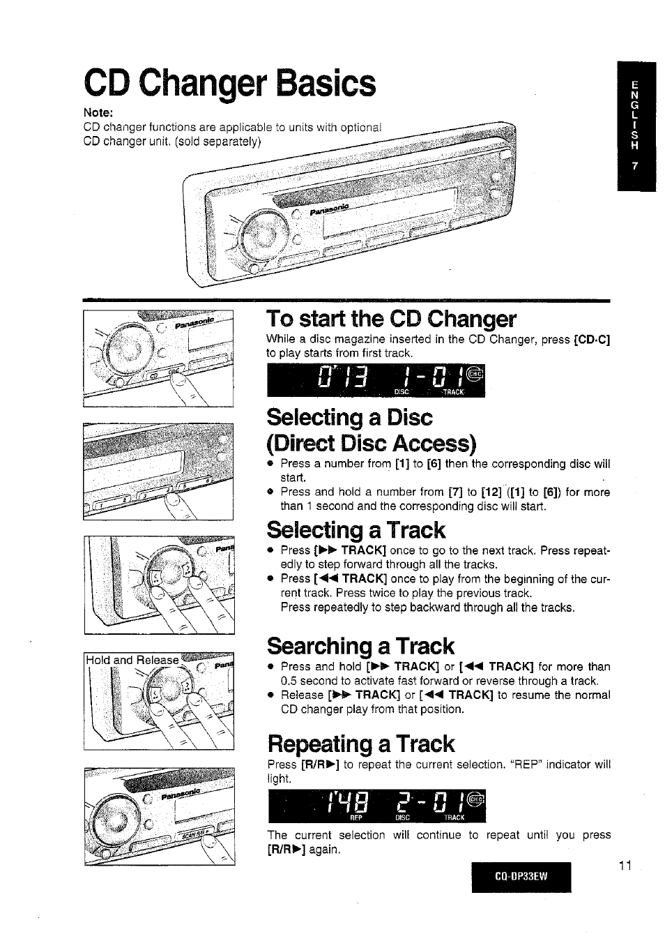 Cd changer basics, Selecting a disc (direct disc access), Selecting a track | Searching a track, Repeating a track, U r j, I u i | Panasonic CQDP33EW User Manual | Page 9 / 20