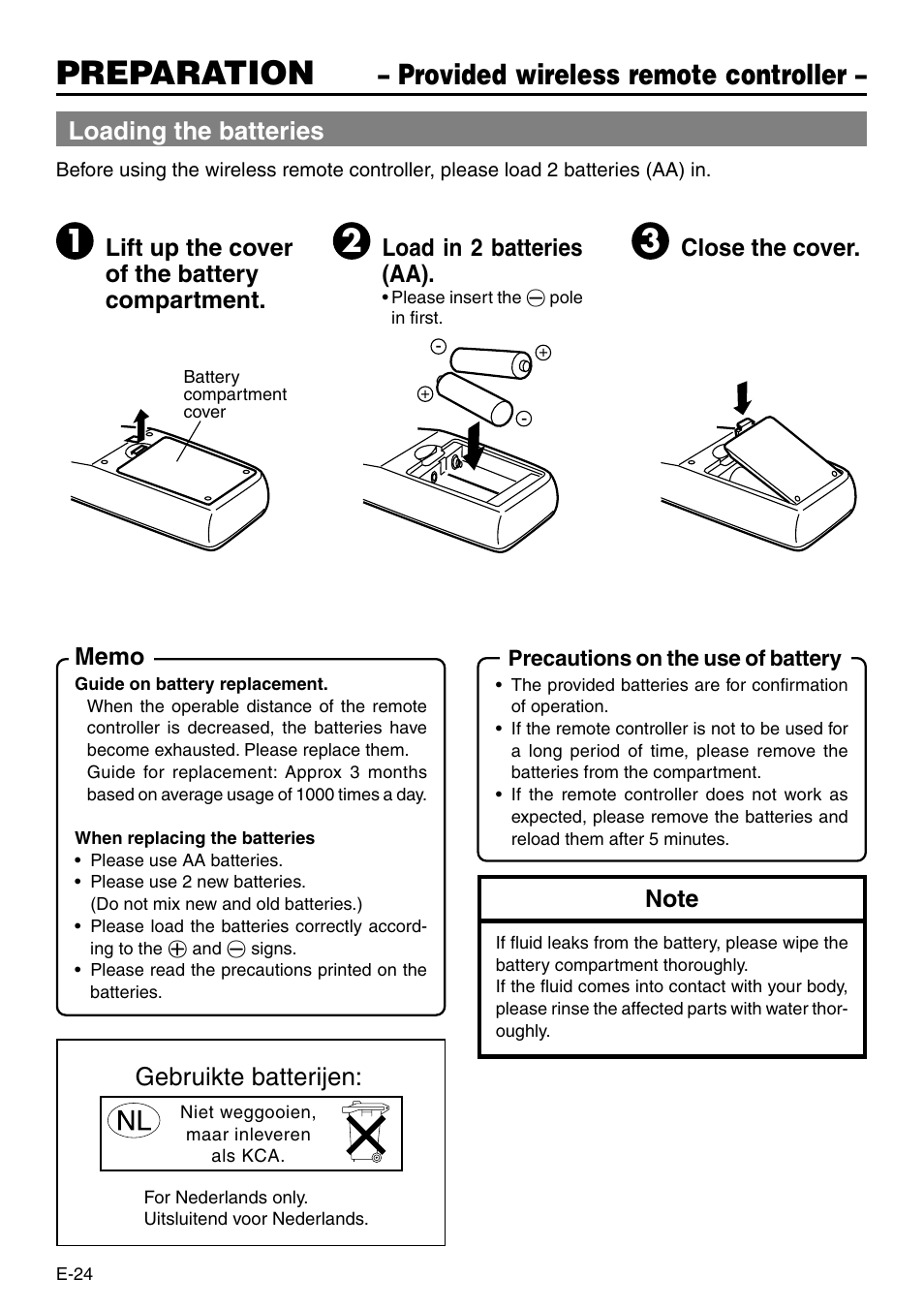 Preparation, Provided wireless remote controller, Loading the batteries | Gebruikte batterijen | Panasonic VQT0C55 User Manual | Page 24 / 68
