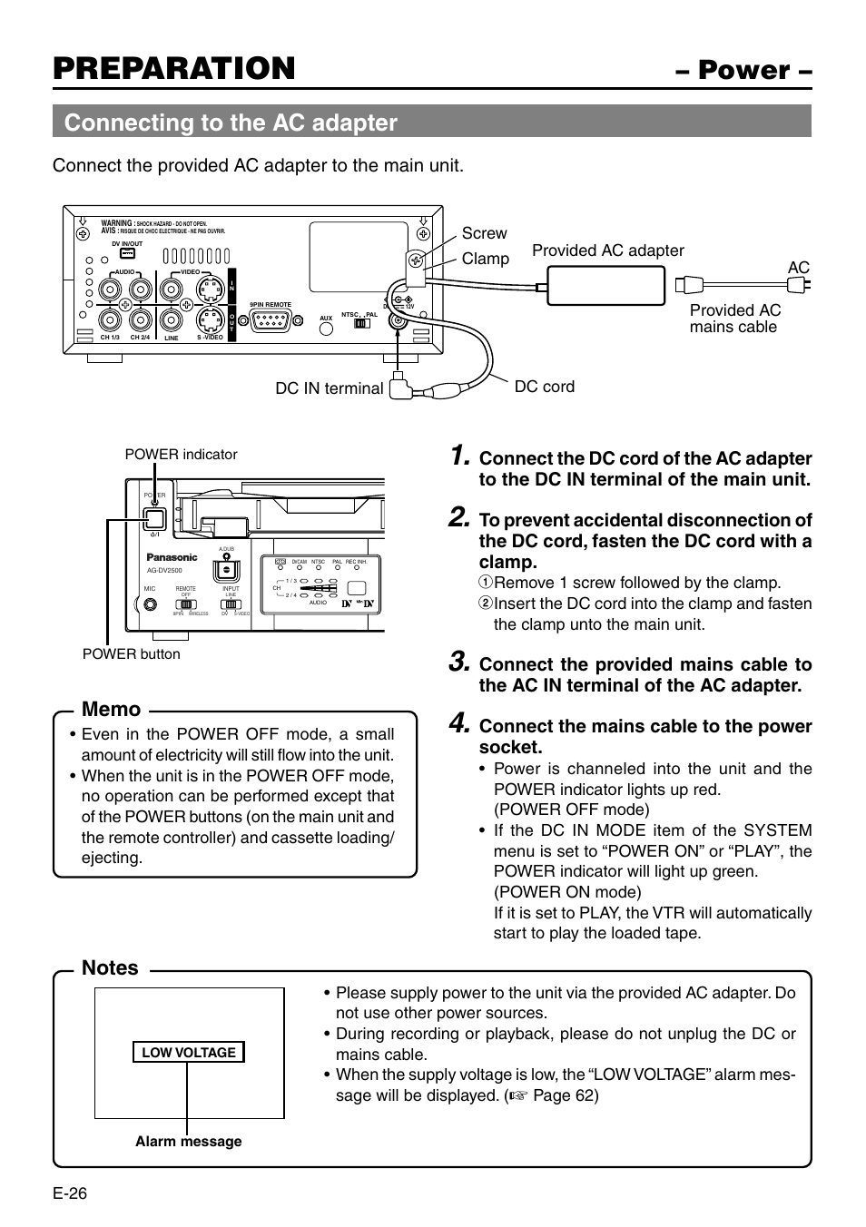 Preparation, Power, Connecting to the ac adapter | Connect the provided ac adapter to the main unit, Connect the mains cable to the power socket, E-26, Page 62) | Panasonic VQT0C55 User Manual | Page 26 / 68