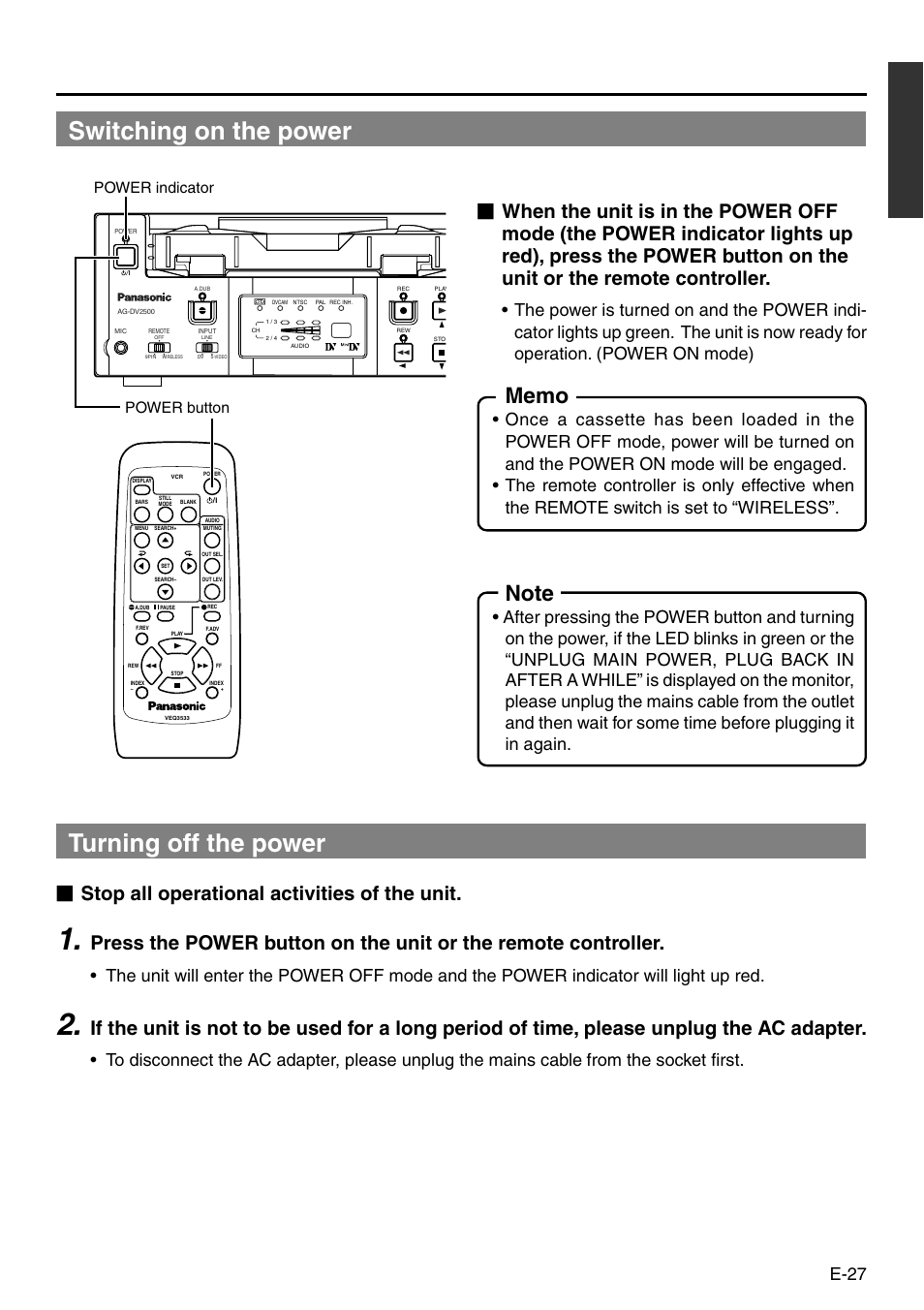 Switching on the power, Turning off the power, Stop all operational activities of the unit | E-27, Power indicator power button | Panasonic VQT0C55 User Manual | Page 27 / 68