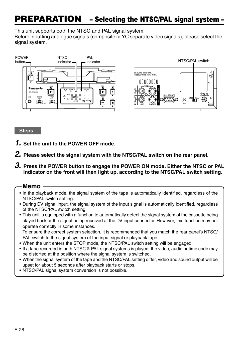 Preparation, Selecting the ntsc/pal signal system, Steps | Set the unit to the power off mode, E-28 | Panasonic VQT0C55 User Manual | Page 28 / 68