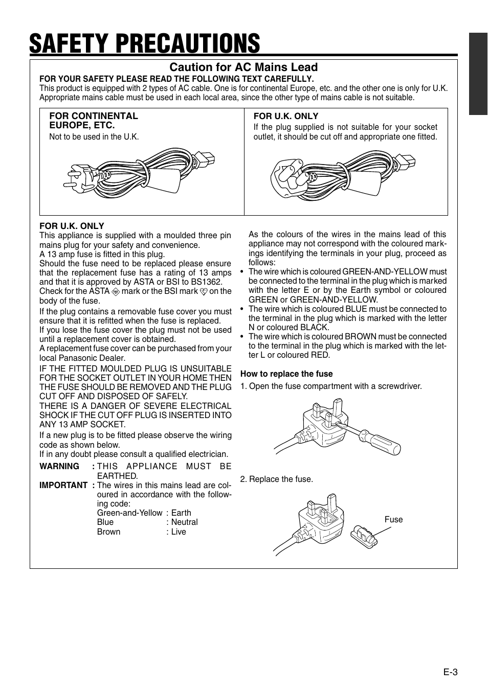 Safety precautions, Caution for ac mains lead | Panasonic VQT0C55 User Manual | Page 3 / 68